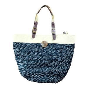 USED Sun N Sand Straw Bag Tote Hand  Woven Beach Vacation Black and Cream